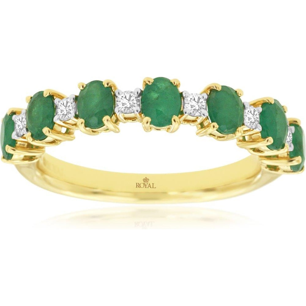 14K Yellow Gold Alternating Oval Emerald and Round Diamond Band Ring - 1.20 Carat Total Emerald Weight and 0.16 Carat Total Diamond Weight - Royal Jewelry