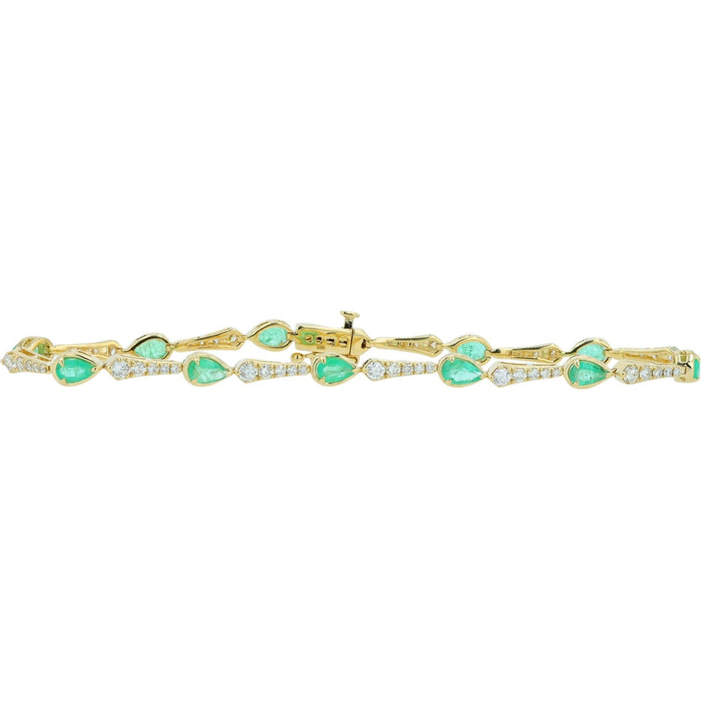 14K Yellow Gold Alternating Pear Emerald and Diamond Bar Bracelet - 2.00 Carat Emerald Weight and 1.15 Carat Diamond Weight