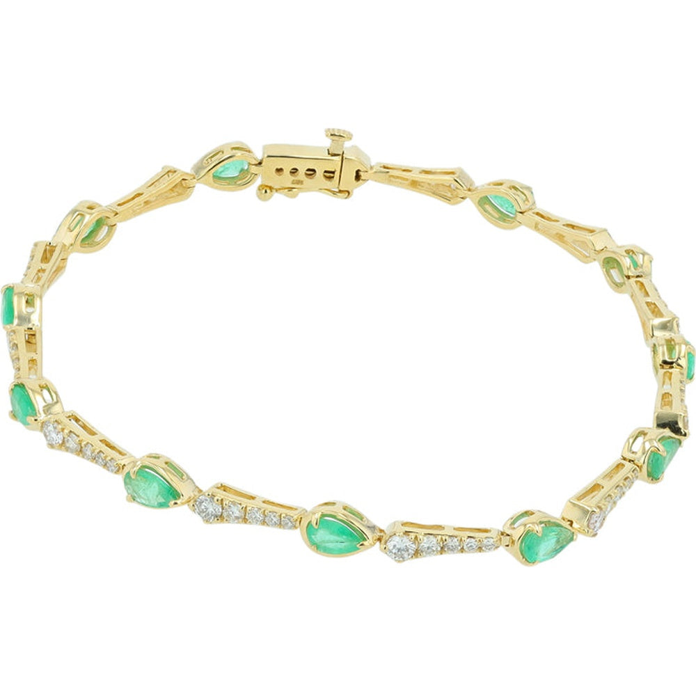 14K Yellow Gold Alternating Pear Emerald and Diamond Bar Bracelet - 2.00 Carat Emerald Weight and 1.15 Carat Diamond Weight