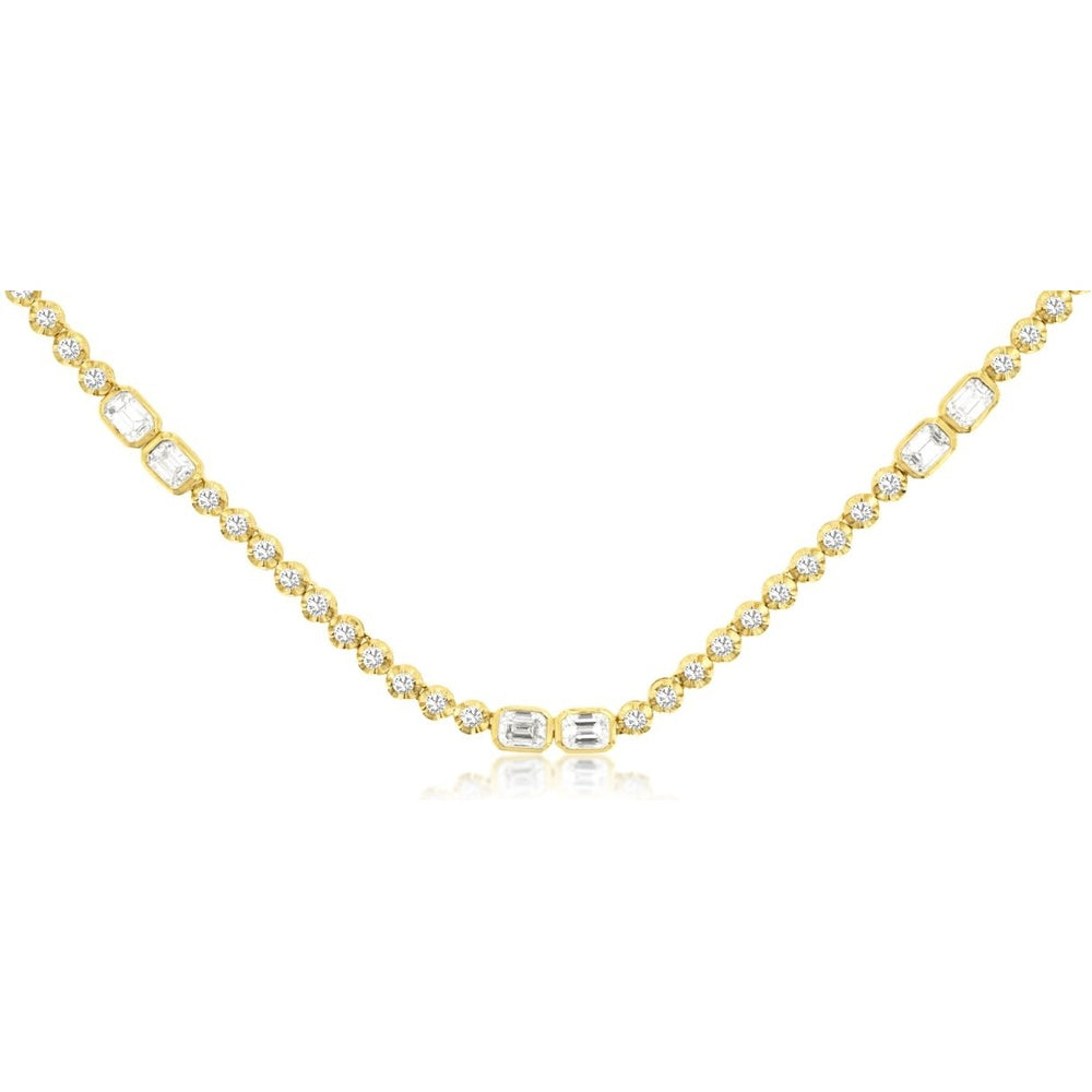 14K Yellow Gold Alternating Round and Baguette Diamond Tennis Necklace - 3.10 Carat Total Diamond Weight - Royal Jewelry