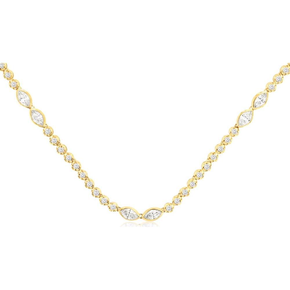 14K Yellow Gold Alternating Round and Bezel-Set Marquise Diamond Station Necklace - 3.10 Carat Total Diamond Weight - Royal Jewelry