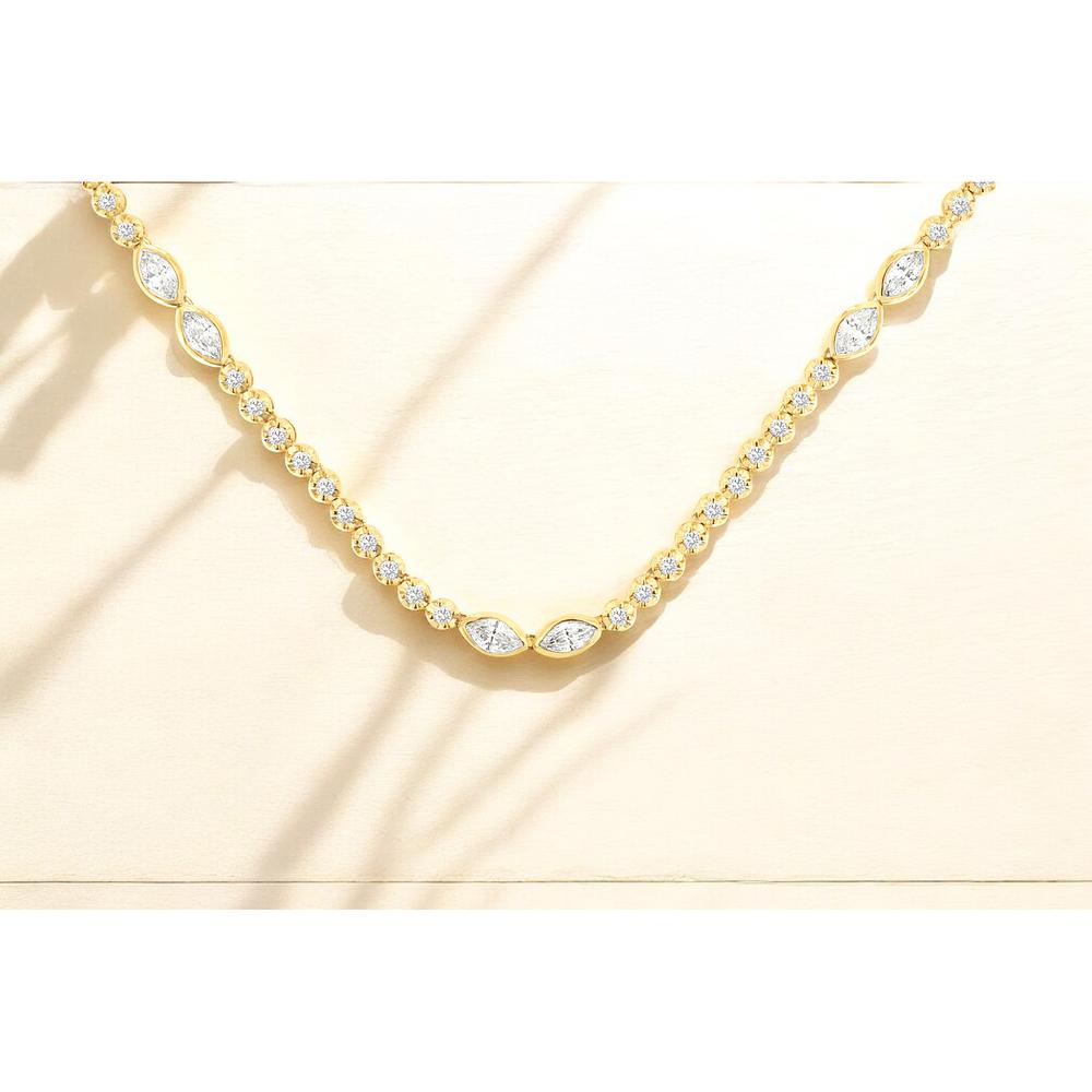 14K Yellow Gold Alternating Round and Bezel-Set Marquise Diamond Station Necklace - 3.10 Carat Total Diamond Weight - Royal Jewelry