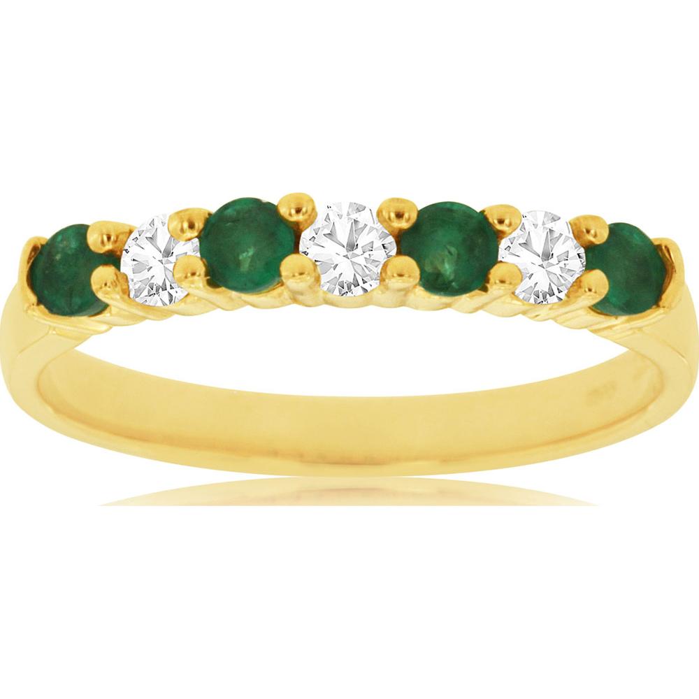 14K Yellow Gold Alternating Round Emerald and Diamond Band - 0.40 Carat Emerald Total Weight, 0.22 Carat Diamond Total Weight - Royal Jewelry