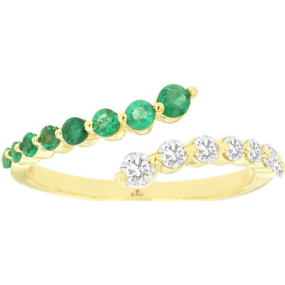 14K Yellow Gold Alternating Round Emerald and Diamond Curved Band Ring - 0.35 Carat Emerald Total Weight, 0.30 Carat Diamond Total Weight - Royal Jewelry