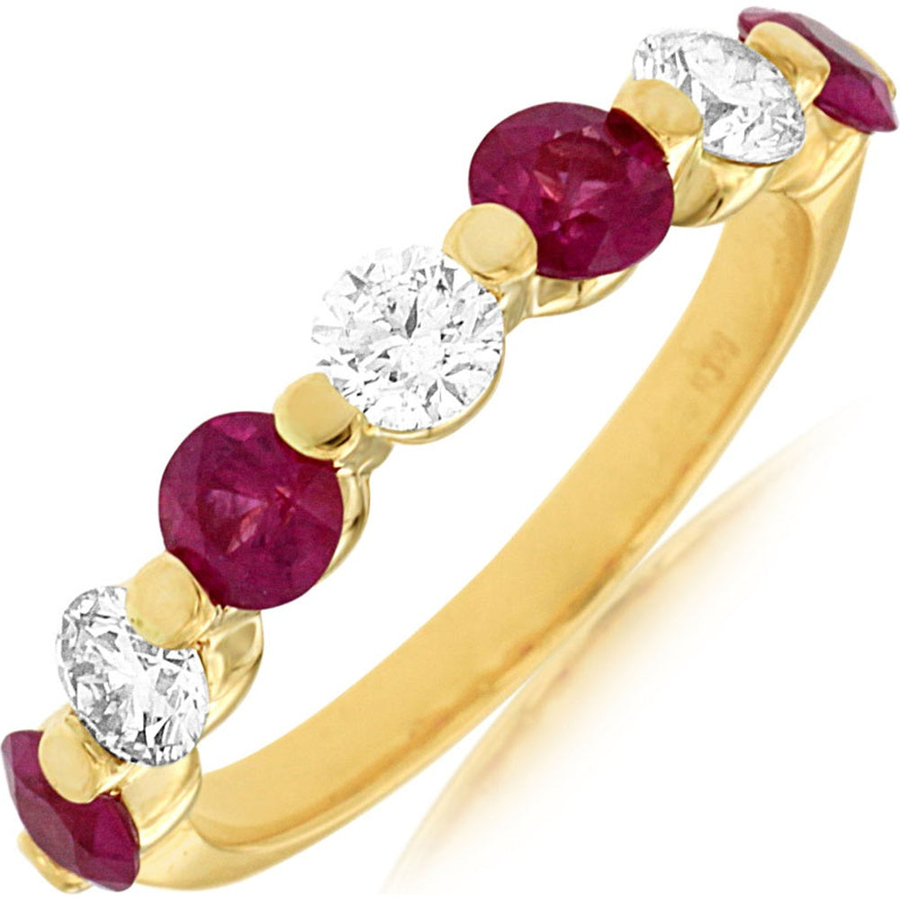 14K Yellow Gold Alternating Round Ruby and Diamond Band - 0.60 Carat Total Diamond Weight and 1.08 Carat Total Ruby Weight - Royal Jewelry