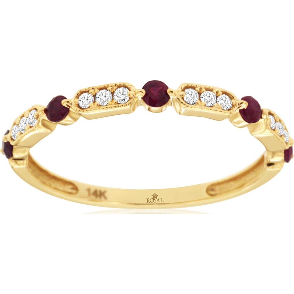 14K Yellow Gold Alternating Ruby & Diamond Band with Milgrain Detailing - 0.25 Carat Ruby, 0.10 Carat Diamond Total Weight - Royal Jewelry