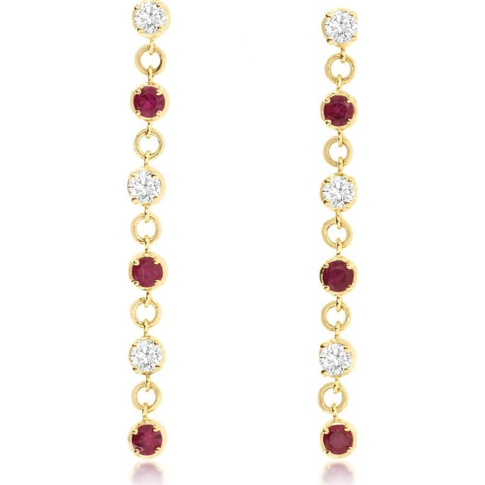 14K Yellow Gold Alternating Ruby and Diamond Drop Earrings with Round Cut Stones - 0.52 Carat Total Ruby Weight and 0.40 Carat Total Diamond Weight - Royal Jewelry