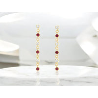 14K Yellow Gold Alternating Ruby and Diamond Drop Earrings with Round Cut Stones - 0.52 Carat Total Ruby Weight and 0.40 Carat Total Diamond Weight - Royal Jewelry