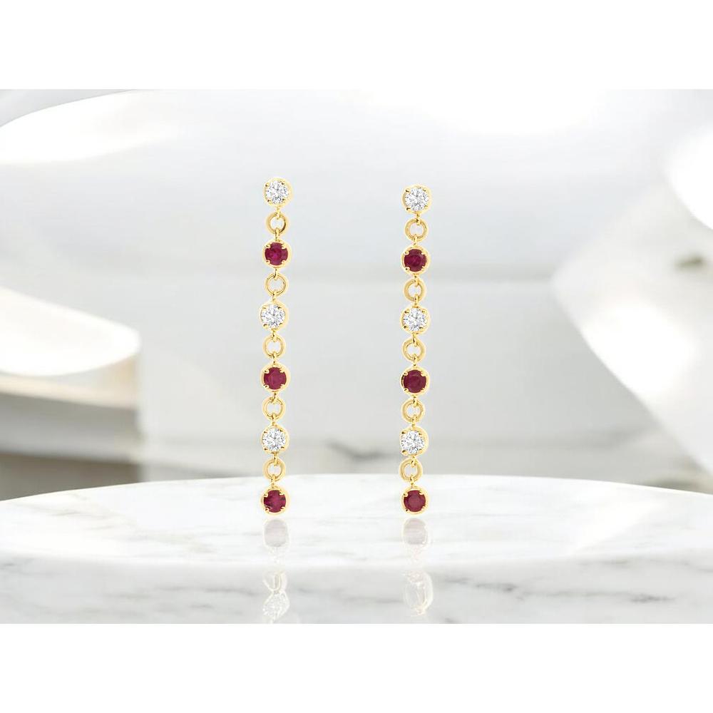 14K Yellow Gold Alternating Ruby and Diamond Drop Earrings with Round Cut Stones - 0.52 Carat Total Ruby Weight and 0.40 Carat Total Diamond Weight - Royal Jewelry
