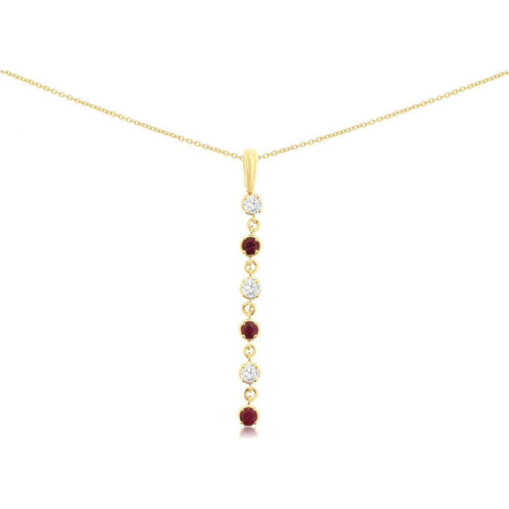 14K Yellow Gold Alternating Ruby & Diamond Drop Pendant with 0.25 Carat Diamond and 0.35 Carat Ruby in Bezel Settings - Royal Jewelry