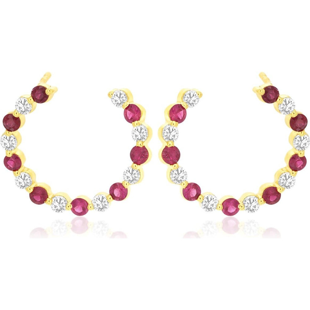 14K Yellow Gold Alternating Ruby and Diamond Medium Hoop Earrings - 0.92 Carat Total Ruby Weight and 1.40 Carat Total Diamond Weight - Royal Jewelry