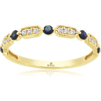 14K Yellow Gold Alternating Sapphire and Diamond Band Ring with Bezel Set Round Blue Sapphires and Prong Set Round Diamonds - 0.25 Carat Total Sapphire Weight and 0.10 Carat Total Diamond Weight - Royal Jewelry