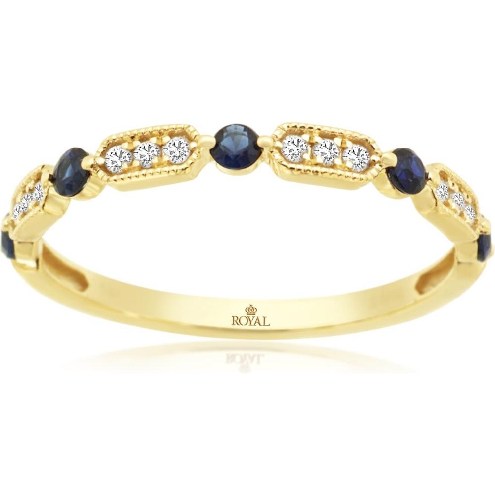 14K Yellow Gold Alternating Sapphire and Diamond Band Ring with Bezel Set Round Blue Sapphires and Prong Set Round Diamonds - 0.25 Carat Total Sapphire Weight and 0.10 Carat Total Diamond Weight - Royal Jewelry
