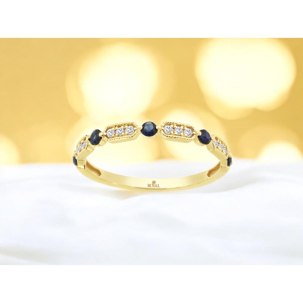 14K Yellow Gold Alternating Sapphire and Diamond Band Ring with Bezel Set Round Blue Sapphires and Prong Set Round Diamonds - 0.25 Carat Total Sapphire Weight and 0.10 Carat Total Diamond Weight - Royal Jewelry