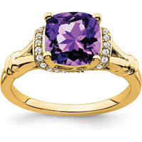 14K Yellow Gold Amethyst and Diamond Ring with Cushion Cut Amethyst - 1.97 Carat Amethyst, 0.005 Carat Total Diamond Weight by 0