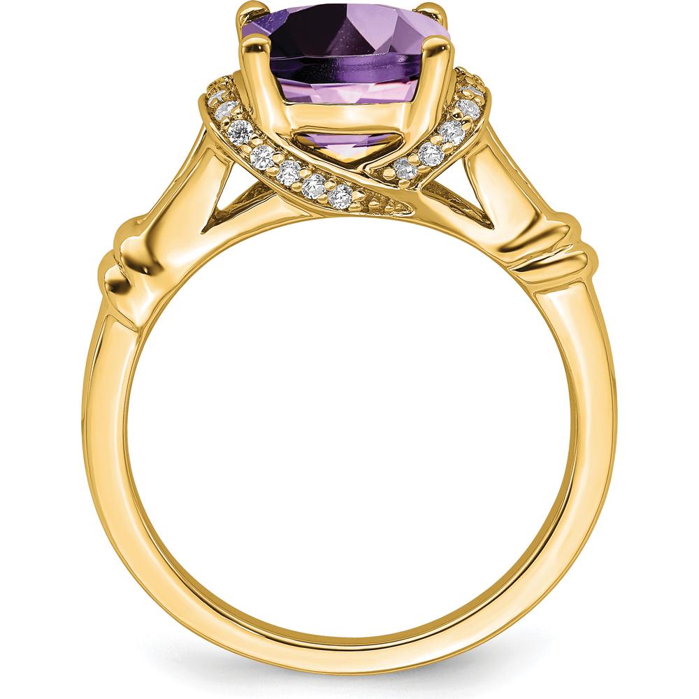 14K Yellow Gold Amethyst and Diamond Ring with Cushion Cut Amethyst - 1.97 Carat Amethyst, 0.005 Carat Total Diamond Weight by 0