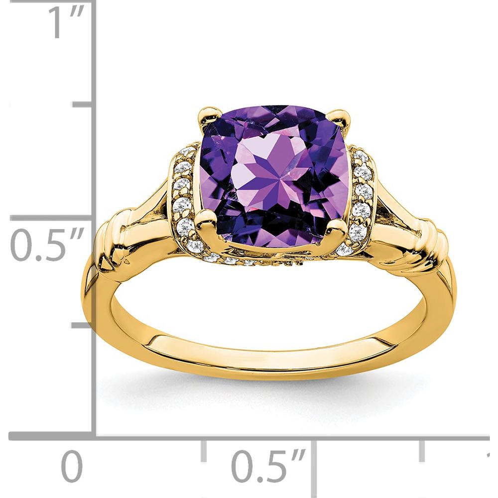 14K Yellow Gold Amethyst and Diamond Ring with Cushion Cut Amethyst - 1.97 Carat Amethyst, 0.005 Carat Total Diamond Weight by 0