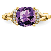 14K Yellow Gold Amethyst and Diamond Ring with Cushion Cut Amethyst - 1.97 Carat Amethyst, 0.005 Carat Total Diamond Weight by 0