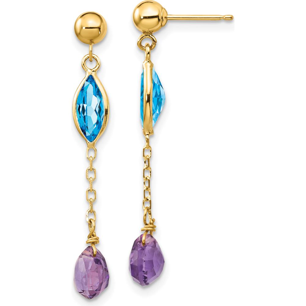 14K Yellow Gold Amethyst and Swiss Blue Topaz Drop Earrings - 1.00 Carat Total Gem Weight by Monteluci Fine Jewelry
