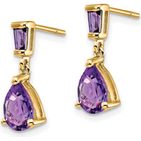 14K Yellow Gold Amethyst Dangle Earrings with Pear and Baguette Amethysts - 1.2 Carat Total Gem Weight by Monteluci Fine Jewelry
