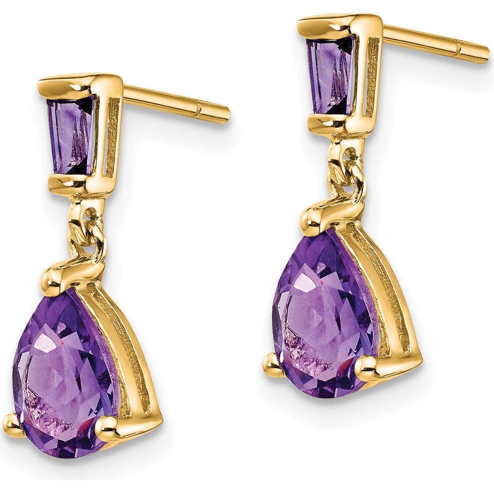 14K Yellow Gold Amethyst Dangle Earrings with Pear and Baguette Amethysts - 1.2 Carat Total Gem Weight by Monteluci Fine Jewelry