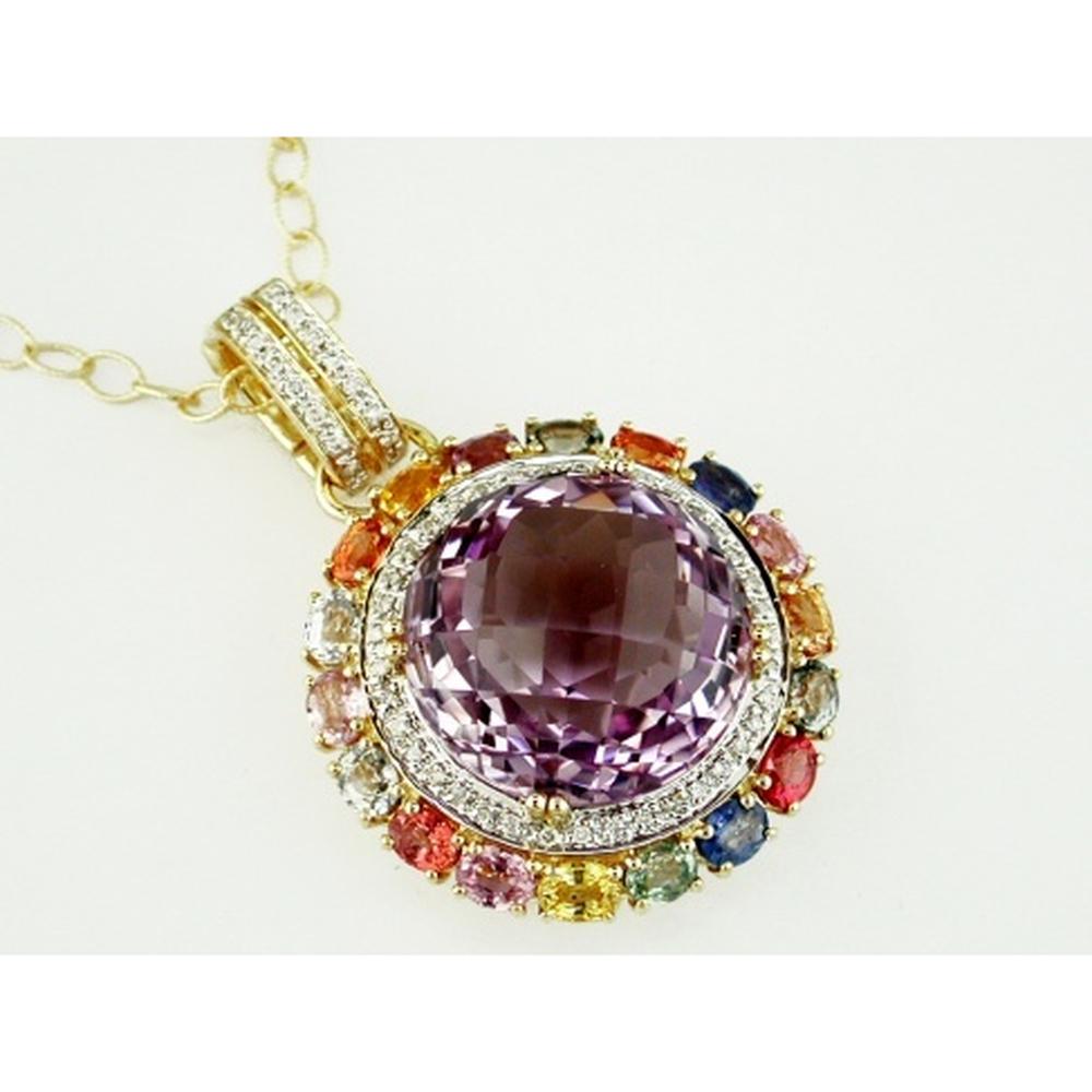 14K Yellow Gold Amethyst Pendant with Diamond Halo and Multicolor Sapphire Accents - 27.00 Carat Amethyst and 0.25 Carat Total Diamond Weight - Royal Jewelry
