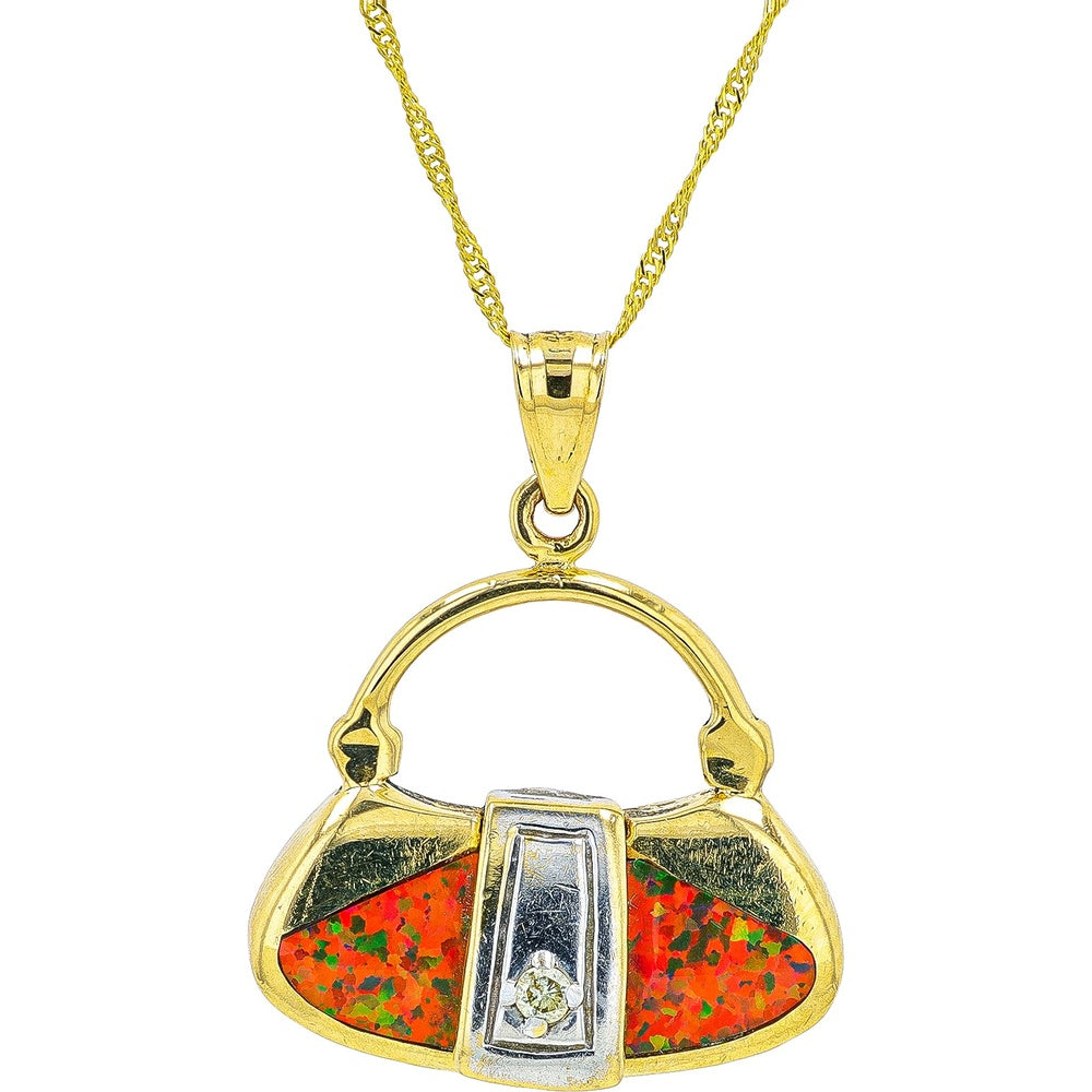14K Yellow Gold Ammolite Purse Pendant with Round Diamond Accent - 0.03 Carat Total Diamond Weight