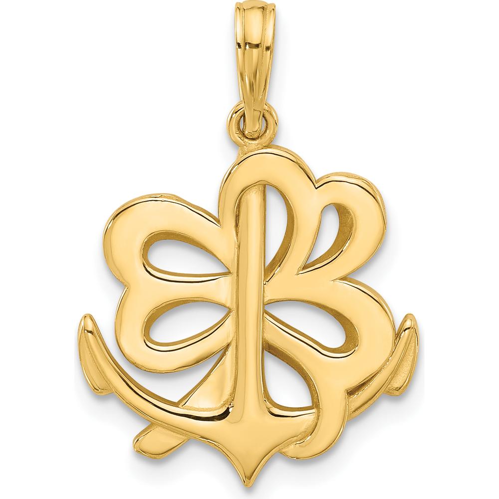 14K Yellow Gold Anchor and Clover Pendant Charm - Polished Finish by Oro Pregiato