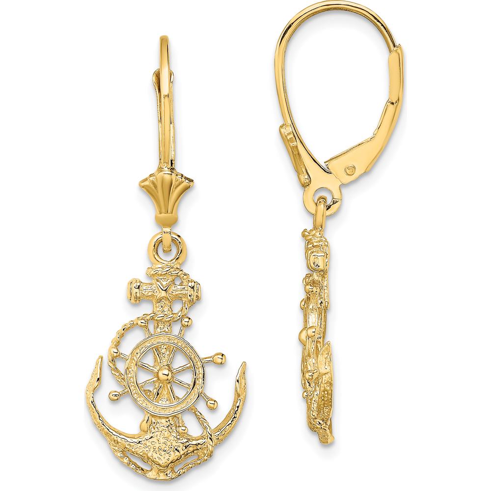 14K Yellow Gold Anchor and Ship Wheel Leverback Earrings with Polished and Rhodium-Accented Finish by 0