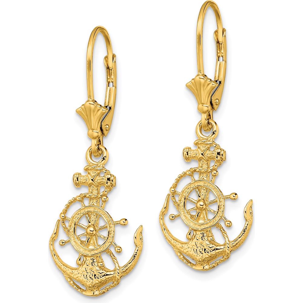14K Yellow Gold Anchor and Ship Wheel Leverback Earrings with Polished and Rhodium-Accented Finish by 0
