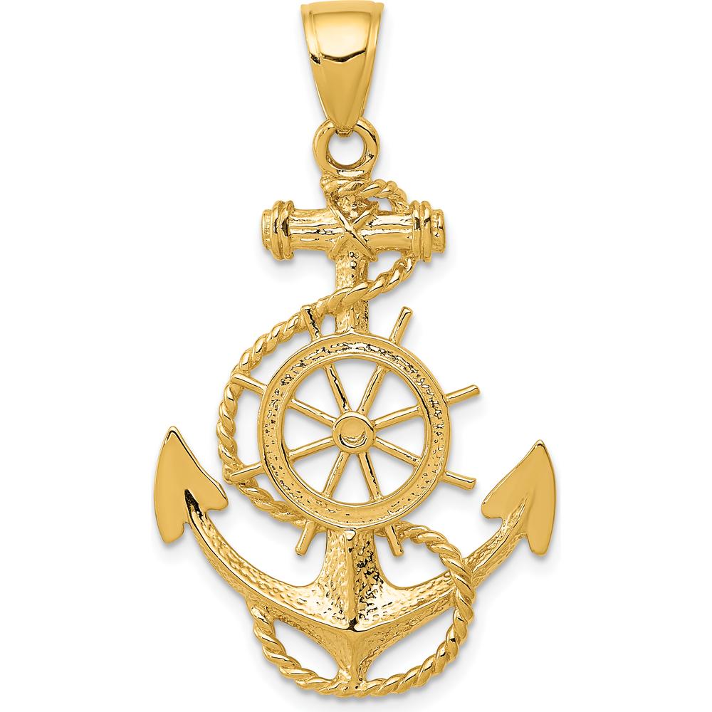 14K Yellow Gold Anchor and Ship Wheel Pendant with Rope Detail - 39mm x 24mm by Oro Pregiato