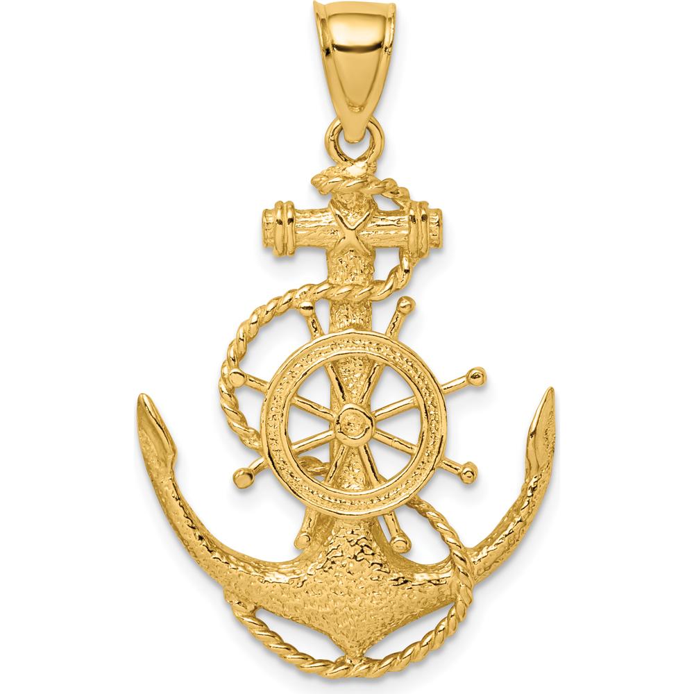 14K Yellow Gold Anchor and Ships Wheel Pendant - Nautical Charm with Rope Detail by Oro Pregiato