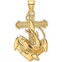 14K Yellow Gold Anchor Pendant with 3D Shark Design - Polished and Textured Nautical Charm by Oro Pregiato