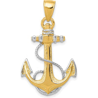 14K Yellow Gold Anchor Pendant with White Rhodium Rope Accent - Nautical Design for Men by Oro Pregiato