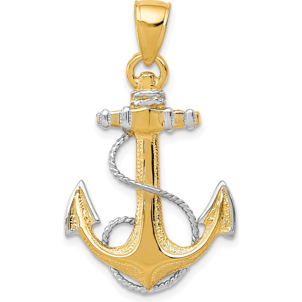14K Yellow Gold Anchor Pendant with White Rhodium Rope Accent - Nautical Design for Men by Oro Pregiato