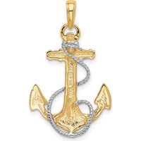 14K Yellow Gold Anchor Pendant with White Rhodium Rope Accent - Nautical Design for Men by Oro Pregiato