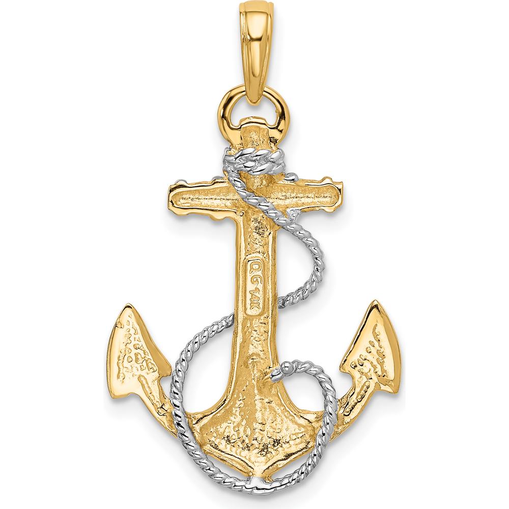 14K Yellow Gold Anchor Pendant with White Rhodium Rope Accent - Nautical Design for Men by Oro Pregiato