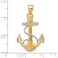 14K Yellow Gold Anchor Pendant with White Rhodium Rope Accent - Nautical Design for Men by Oro Pregiato