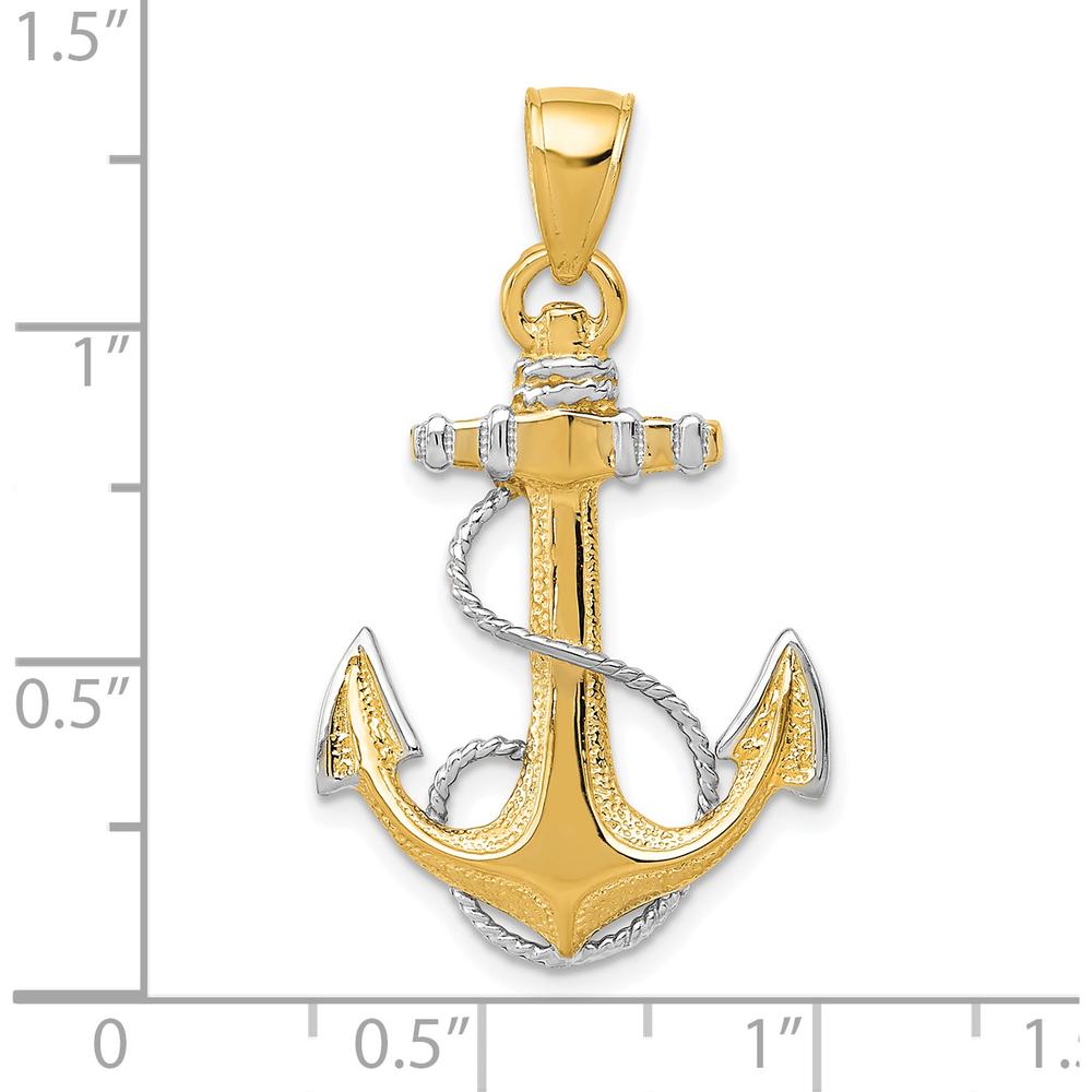14K Yellow Gold Anchor Pendant with White Rhodium Rope Accent - Nautical Design for Men by Oro Pregiato
