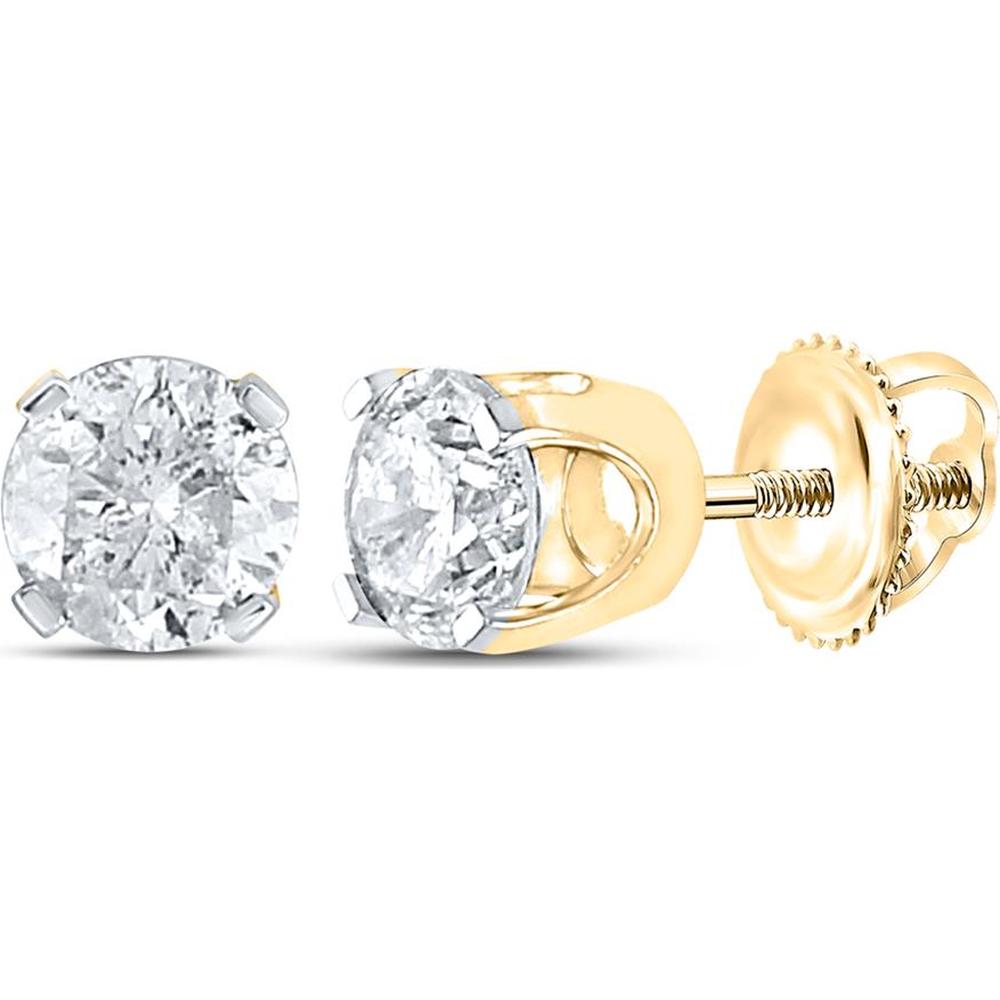 14K Yellow Gold and Platinum 4-Prong Round Diamond Stud Earrings with Screw Backs - 1.38 Carat Total Diamond Weight (Certified)