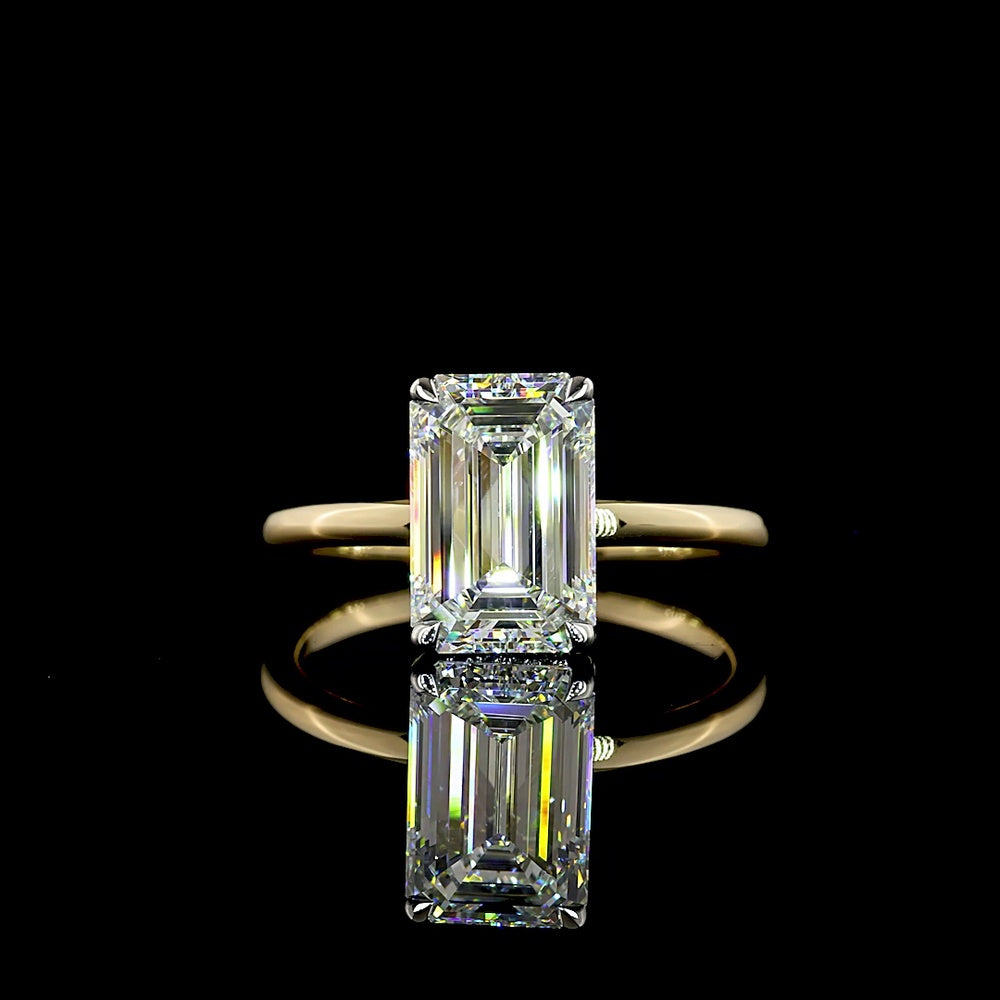 14K Yellow Gold and Platinum Emerald Cut Lab Diamond Engagement Ring with Hidden Halo - 2.76 Carat Total Diamond Weight, F VVS2 Clarity - Covaloro Fine Jewelry