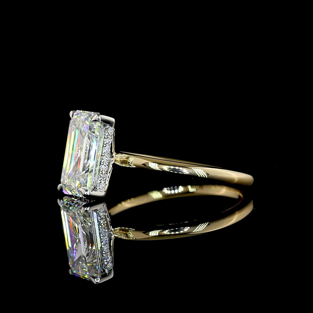 14K Yellow Gold and Platinum Emerald Cut Lab Diamond Engagement Ring with Hidden Halo - 2.76 Carat Total Diamond Weight, F VVS2 Clarity - Covaloro Fine Jewelry