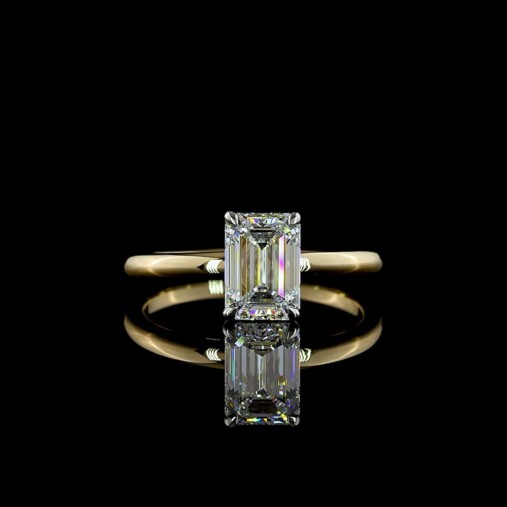 14K Yellow Gold and Platinum Hidden Halo Ring with 1.25 Carat Emerald Cut Lab Diamond and 0.06 Carat Brilliant Cut Lab Diamonds - 1.31 Total Carat Weight - Covaloro Fine Jewelry