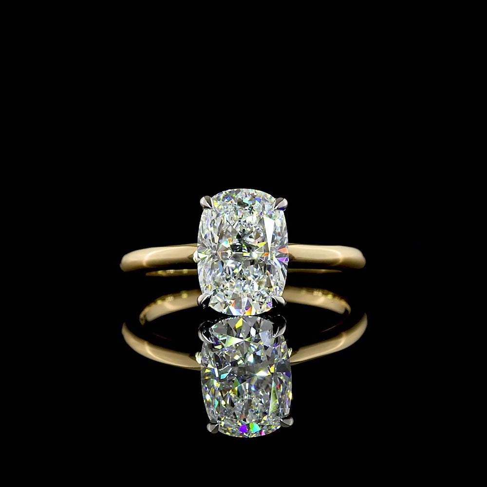 14K Yellow Gold and Platinum Hidden Halo Ring with 2.09 Carat Cushion Brilliant Cut Lab Diamond and D VVS2 Clarity - 2.18 Total Carat Weight - Covaloro Fine Jewelry
