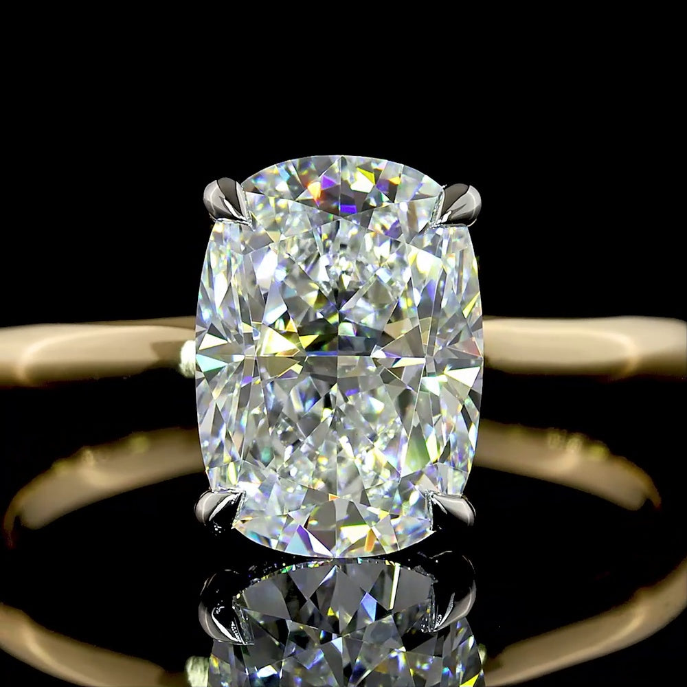 14K Yellow Gold and Platinum Hidden Halo Ring with 2.09 Carat Cushion Brilliant Cut Lab Diamond and D VVS2 Clarity - 2.18 Total Carat Weight - Covaloro Fine Jewelry