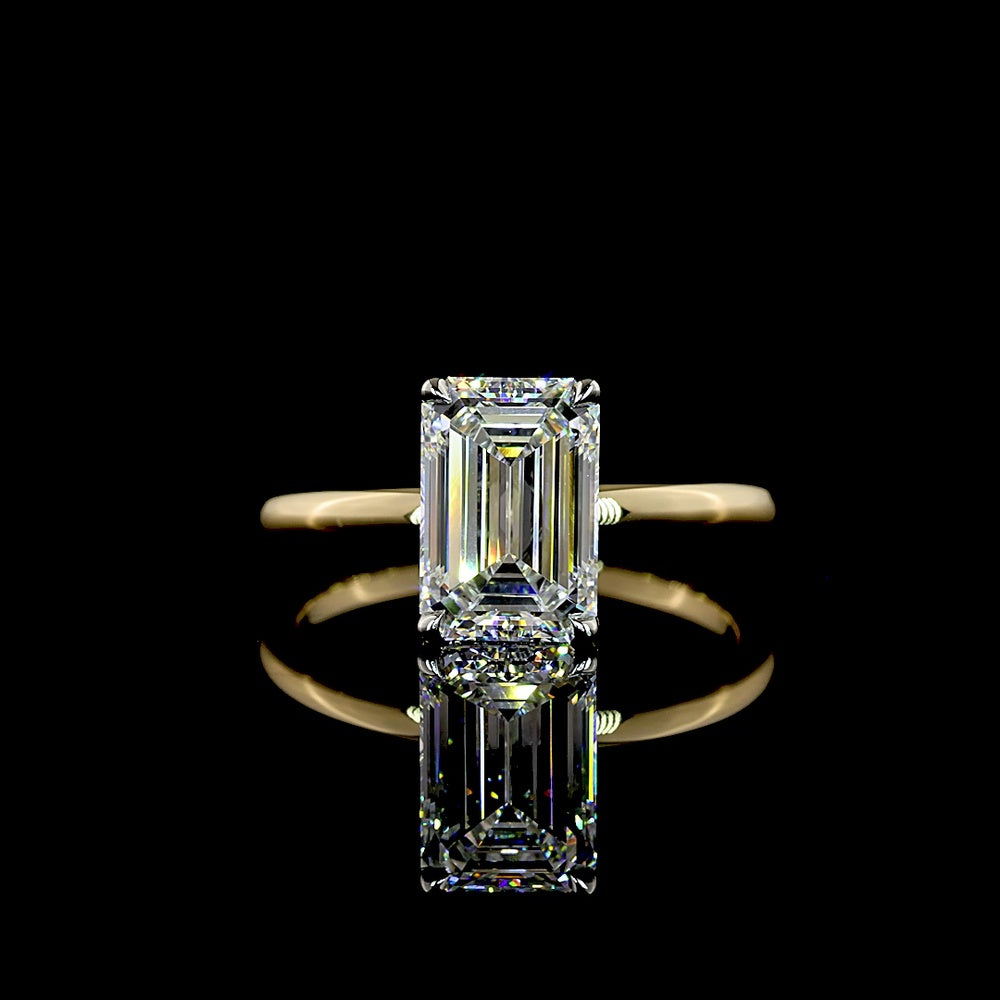 14K Yellow Gold and Platinum Hidden Halo Ring with 2.19 Carat Emerald Cut Lab Diamond and 0.08 Carat Brilliant Cut Diamond Accents - IGI Certified D VVS1 - Covaloro Fine Jewelry