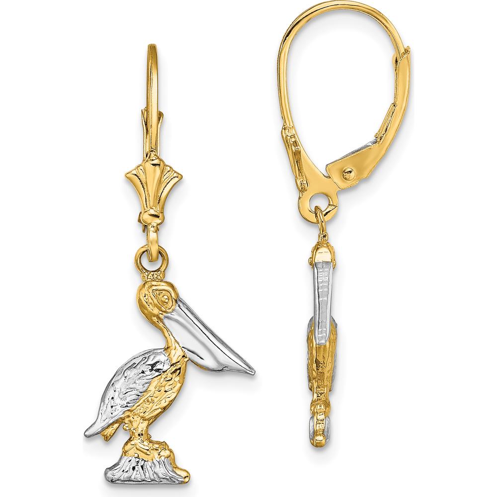 14K Yellow Gold and Rhodium 3D Pelican Leverback Drop Earrings by 0