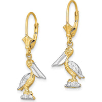 14K Yellow Gold and Rhodium 3D Pelican Leverback Drop Earrings by 0