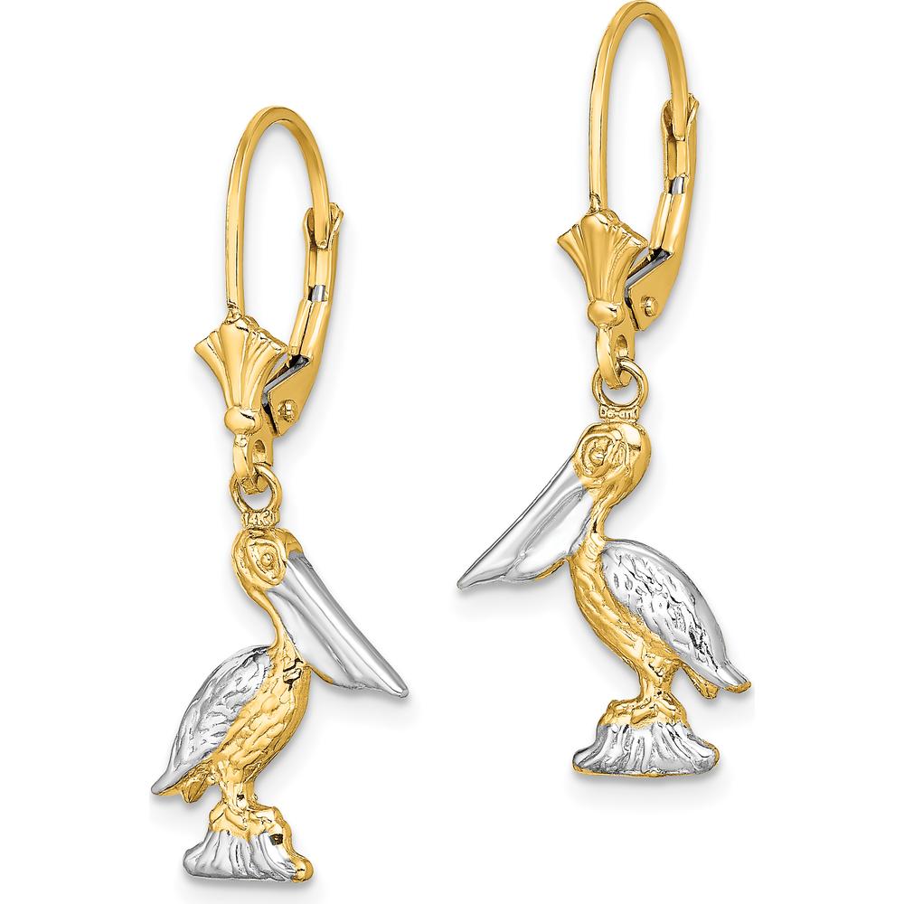 14K Yellow Gold and Rhodium 3D Pelican Leverback Drop Earrings by 0