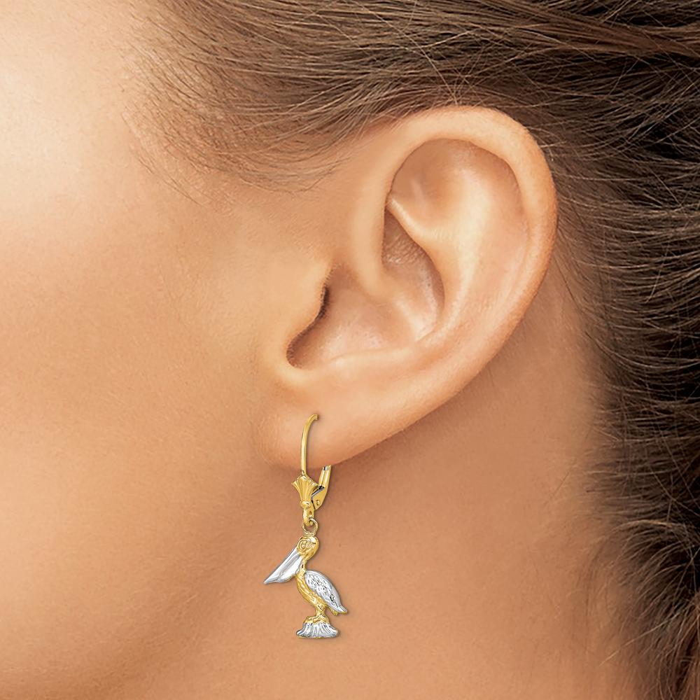 14K Yellow Gold and Rhodium 3D Pelican Leverback Drop Earrings by 0